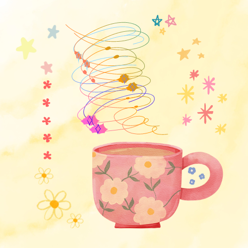 coffee cup with flowers, stars, and swirls.