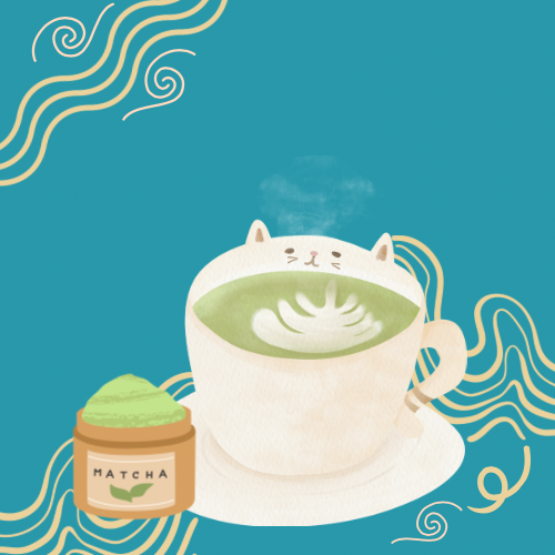 A cat mug with matcha in it and cream colored swirls on a blue background.