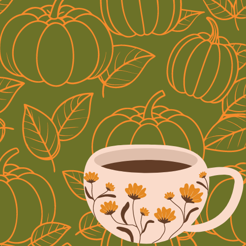 A mug with flowers surrounded by a green background with outlined pumpkins