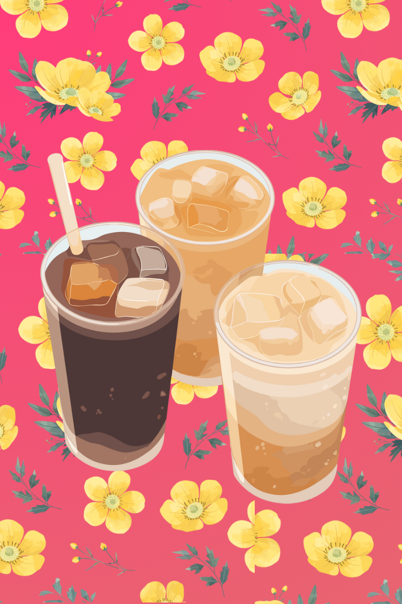 Coffee drinks with pink background and yellow flowers