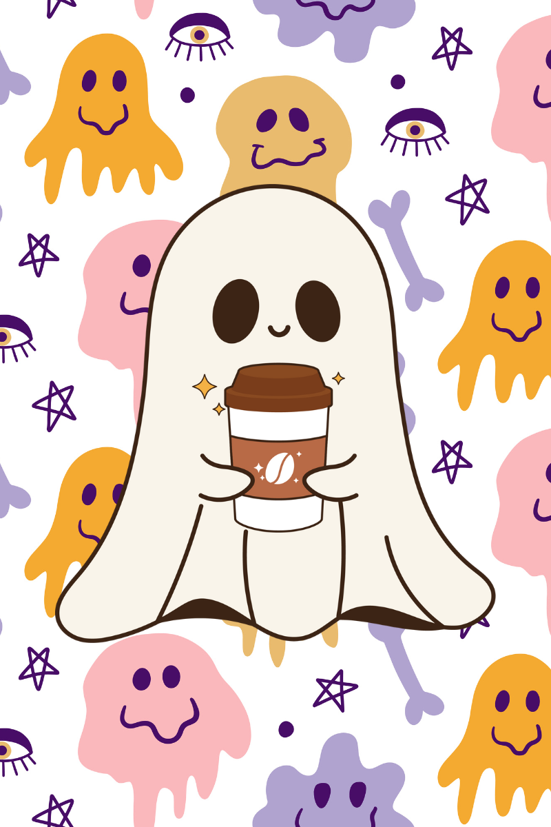 ghost with coffee cup with smily faces, eyes, and stars in the background