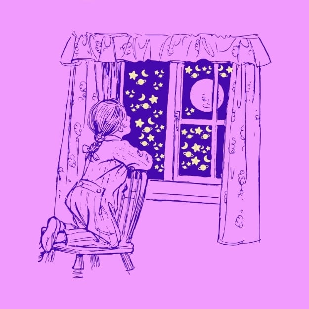 girl on a stool looking at then stars in the sky. pink background. purple outline.